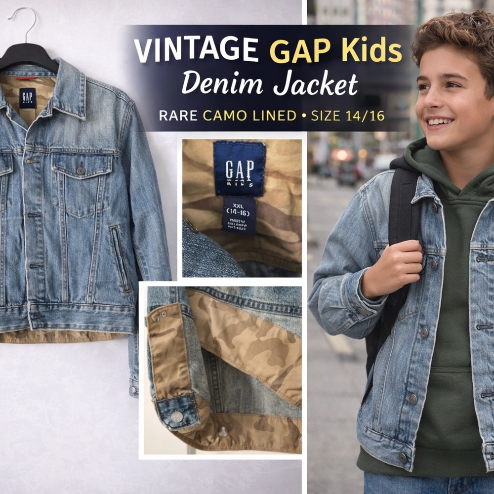 Vintage GAP Kids Light Blue Denim Jacket with neutral Camo lining Sz 14/16 - Picture 1 of 7